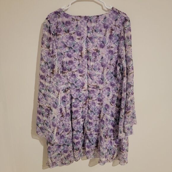 Double Crazy Dress 2xl Knee Length Chiffon Purple Floral Cottagecore Bell Sleeve - Picture 2 of 6